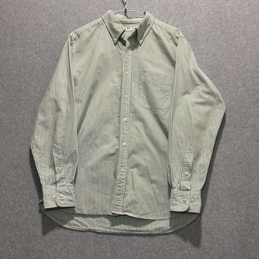 Uniqlo Regular Fit Green Striped Oxford Shirt Size L 100% Cotton